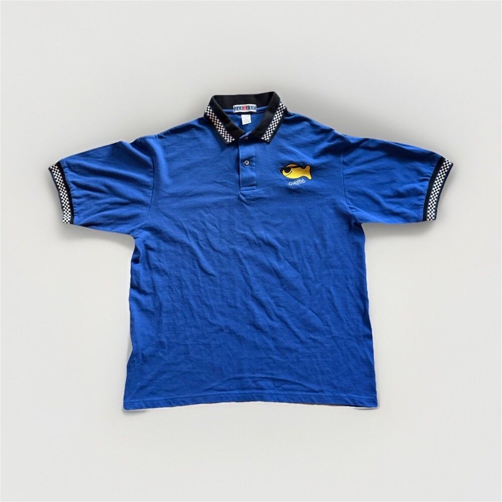 JERZEES Men L Blue Cotton Short Sleeve Polo Embroidered Goldfish Golf Trim